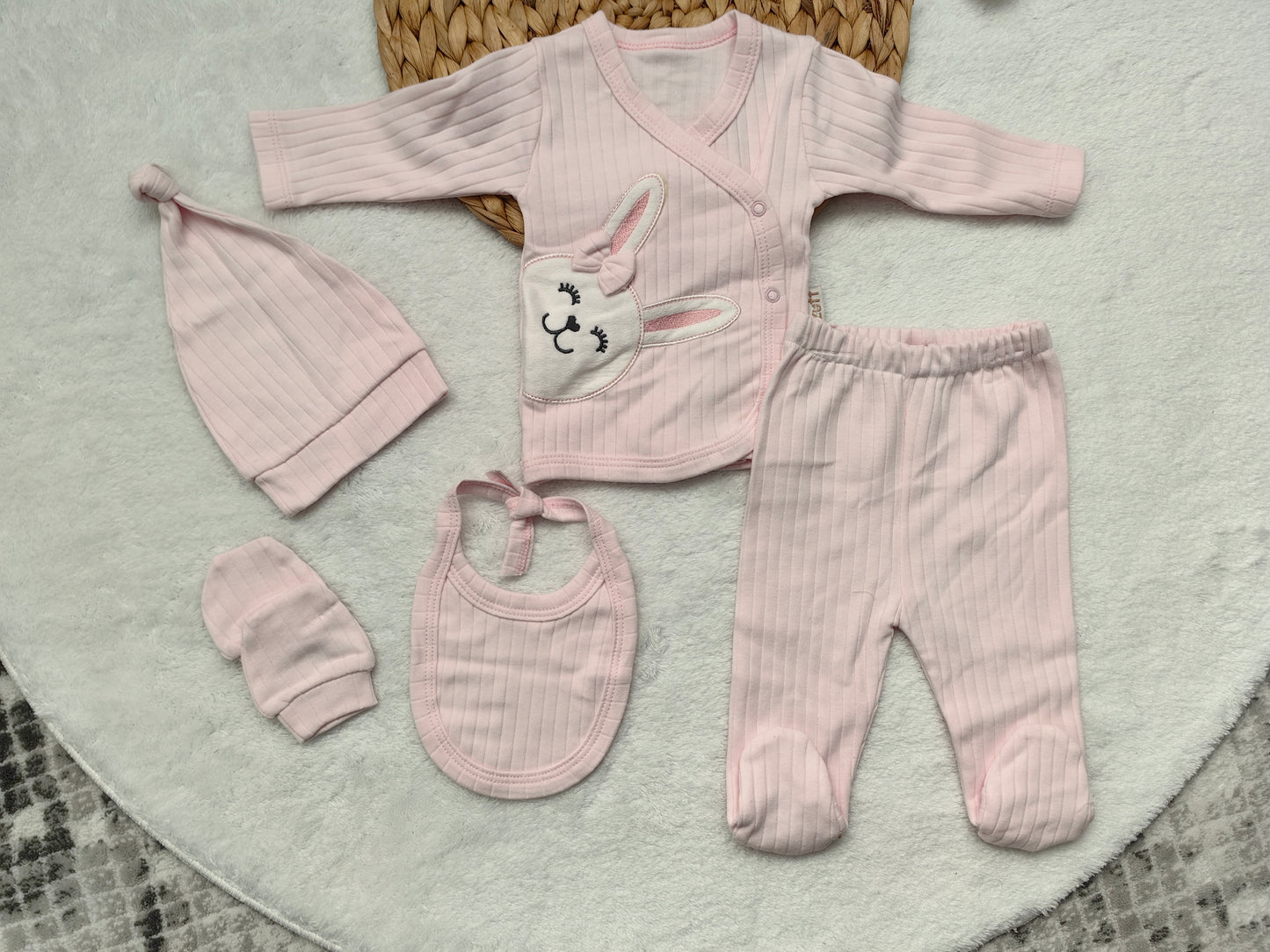 Tavşan Baskılı 5'li Zıbın Seti - Açık Pembe