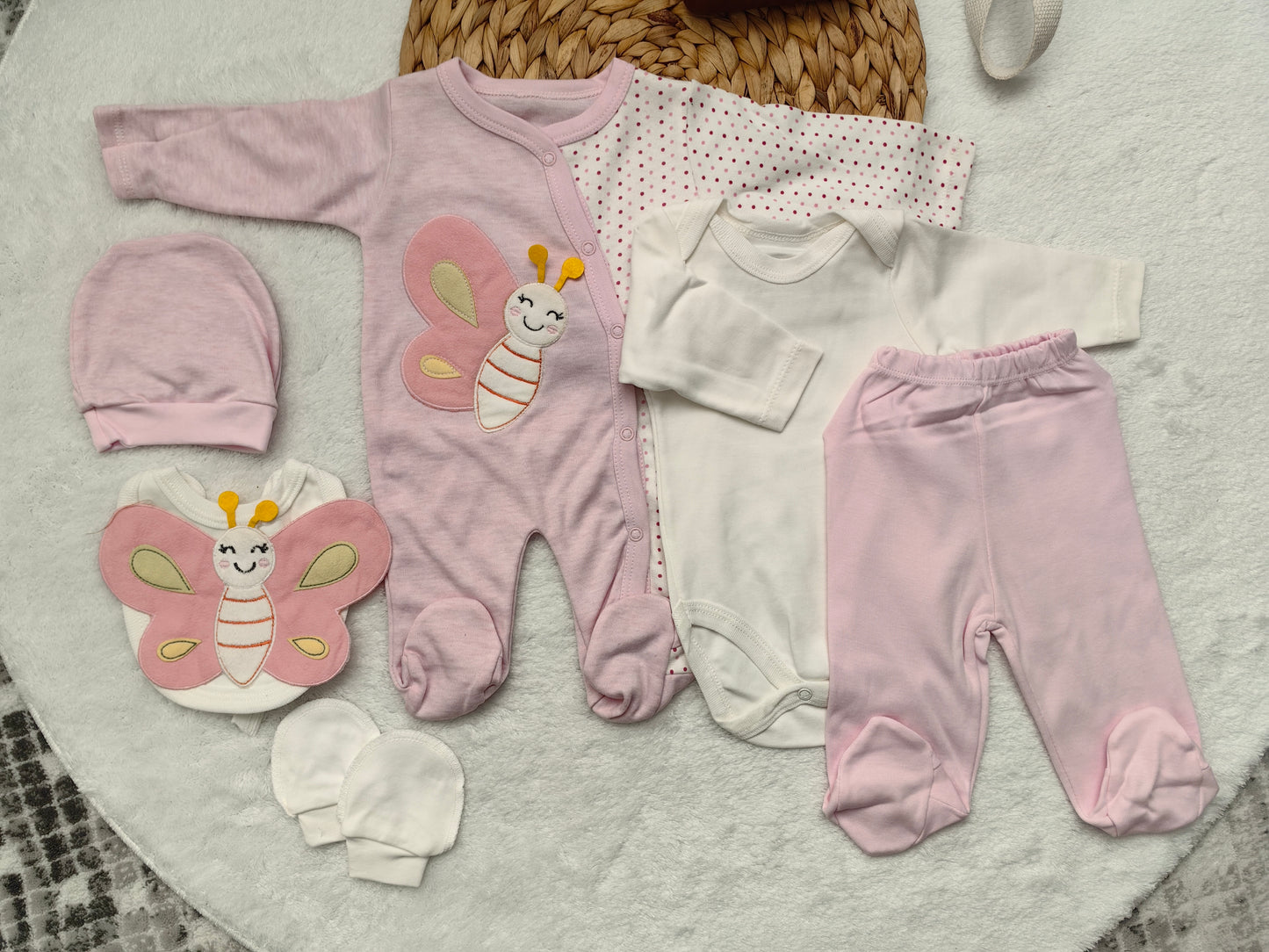 Kelebek Baskılı 6'lı Zıbın Seti - Açık Pembe & Beyaz