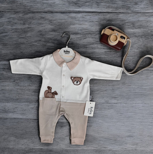 Ayıcıklı Cepli Tulum Keleş Baby - Kahverengi&Beyaz
